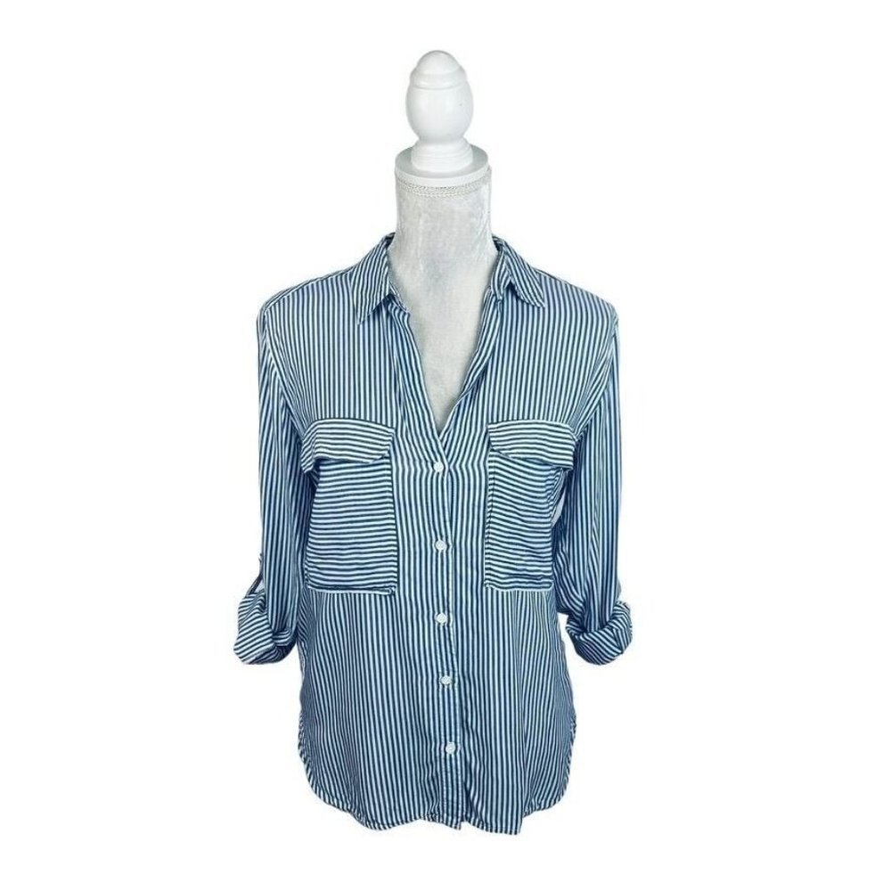 Zara Woman Railroad Stripe Button Up Blouse Button Tab Sleeve Lightweight S